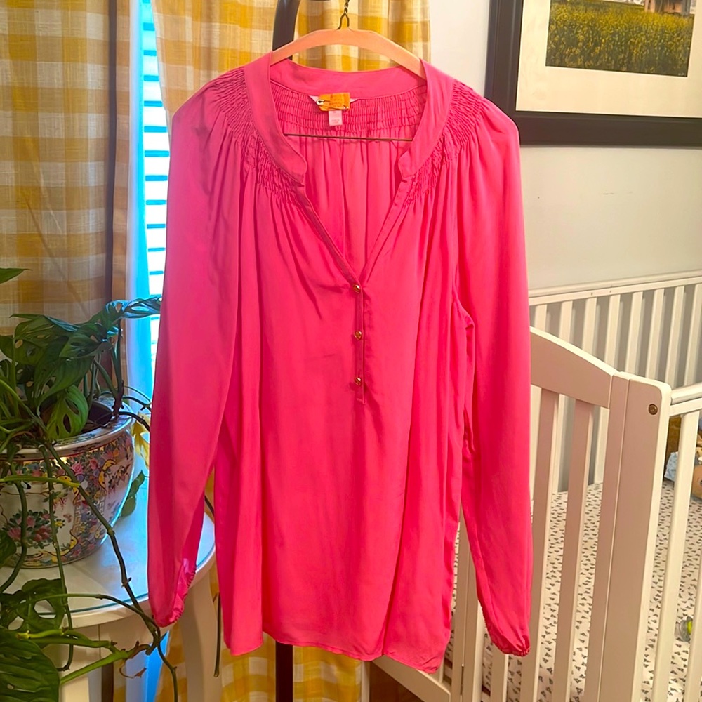 Lilly Pulitzer Silk Elsa Top Shirt Blouse Womens Size XL Extra Large Hot Pink